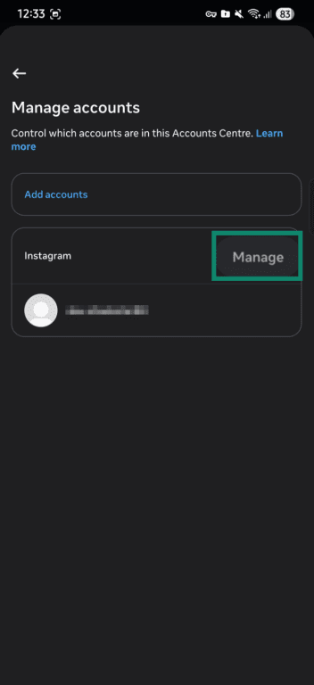 "Manage accounts" option highlighted in the Instagram app.
