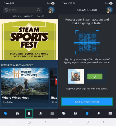Two Android screenshots of the Steam Mobile app side by side. The first image shows the app home screen, and the Steam Guard tab is highlighted. The second screenshot shows the Steam Guard tab, and the "Add authenticator" button is highlighted.