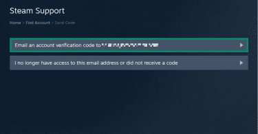 A Steam Support page. The button for emailing an account verification code to an email address is highlighted.