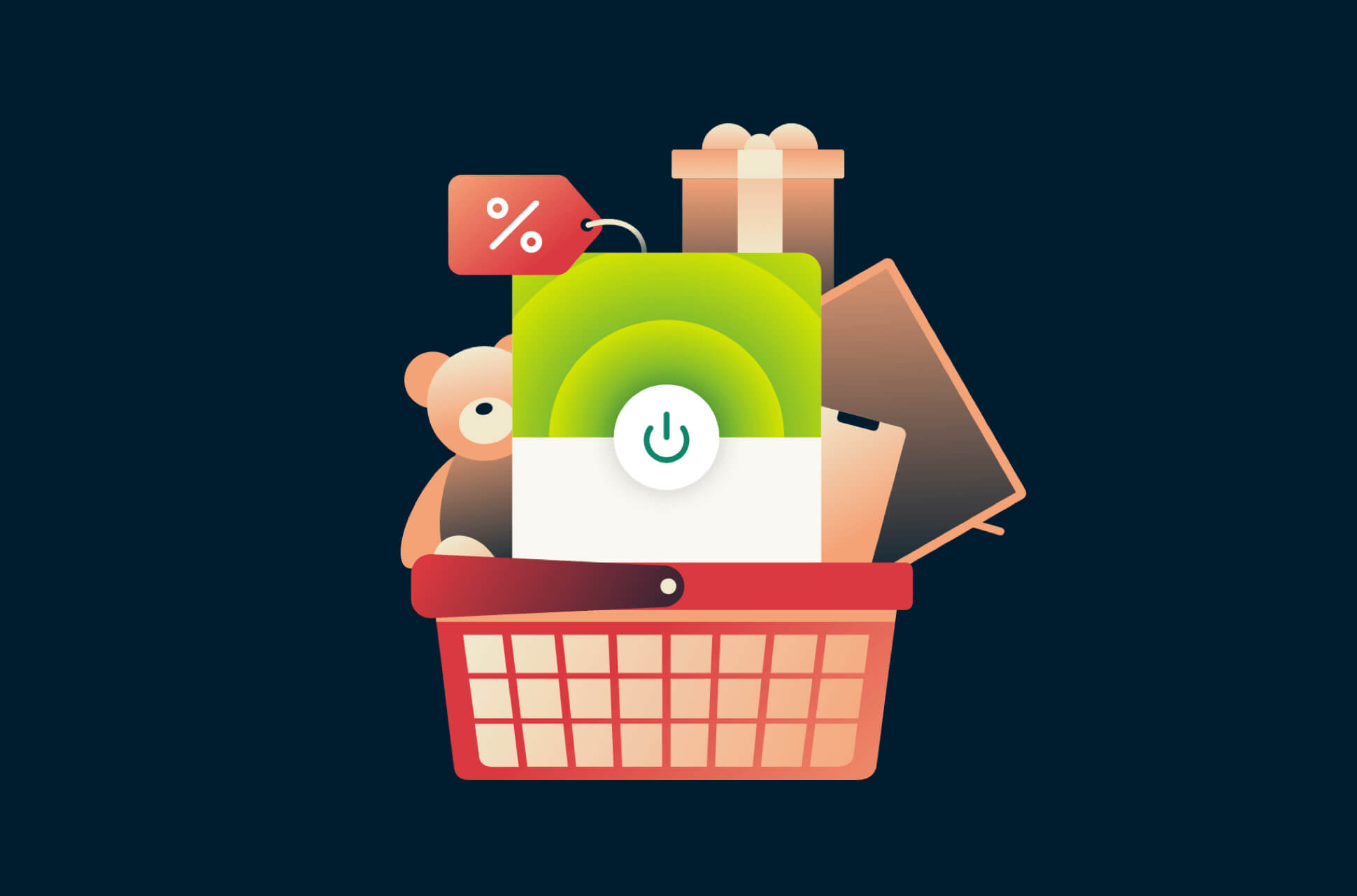 Einkaufskorb mit Geschenken auf dunkelblauem Hintergrund