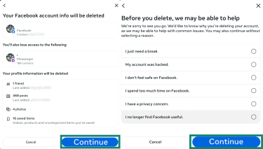 Confirmation prompt when deleting a Facebook account and Facebook asking a reason for deletion.