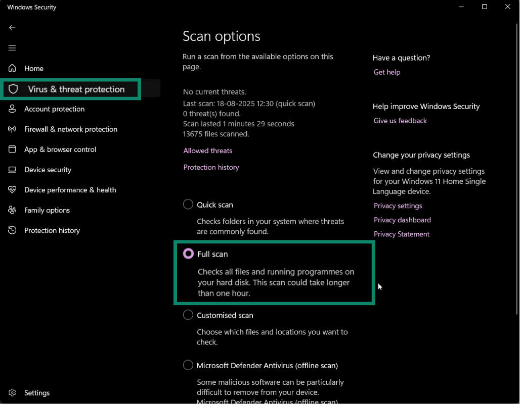 Windows Security scan options with Full scan selected.