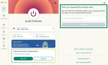 The ExpressVPN macOS app, highlighting the section for the ExpressVPN activation code.