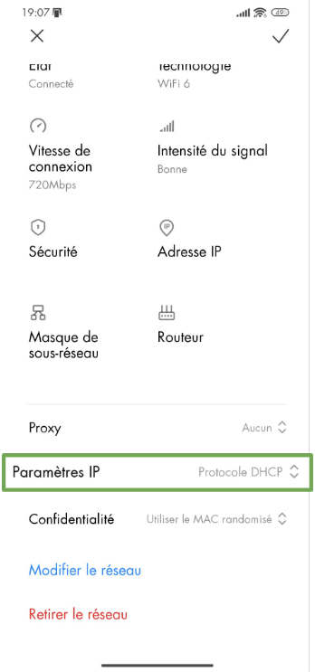 The network information page on an Android phone, showing the IP settings button.