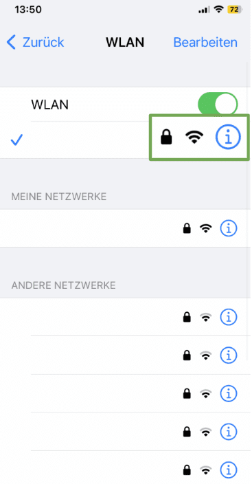 The Wi-Fi settings page of an iOS device, showing the small "i" button next to the active network.