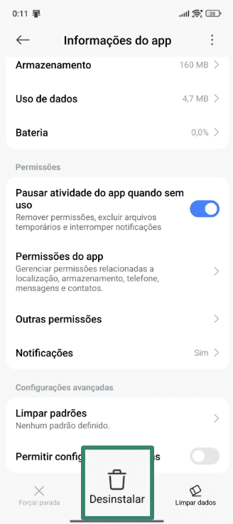 The Uninstall button on an Android phone.