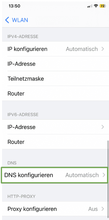The network information page of an iOS device, showing the Configure DNS menu option.