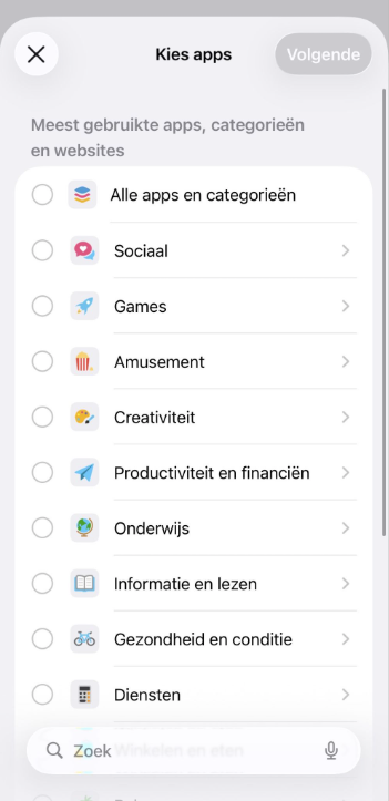 App category selection screen for setting daily limits.