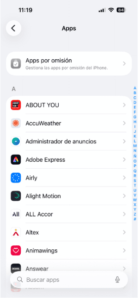 iOS Settings app showing a list of installed apps for privacy and security check.