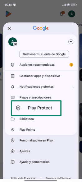 Google Play Store menu highlighting Play Protect option.