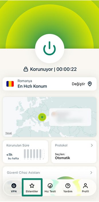 ExpressVPN home screen showing user is connected, with Add-ons tab highlighted.