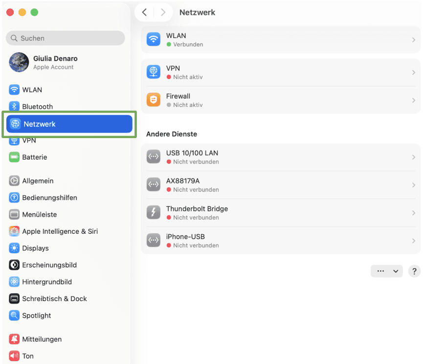 The System Preferences menu, showing the Network option.