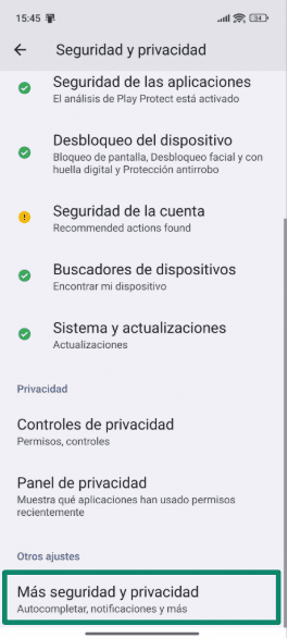 Android Privacy screen with Other permissions highlighted.