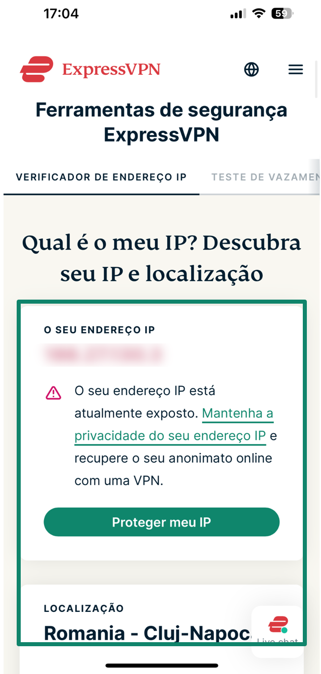 The ExpressVPN IP checker opened on the iPhone Safari browser, which shows a public IP address and location