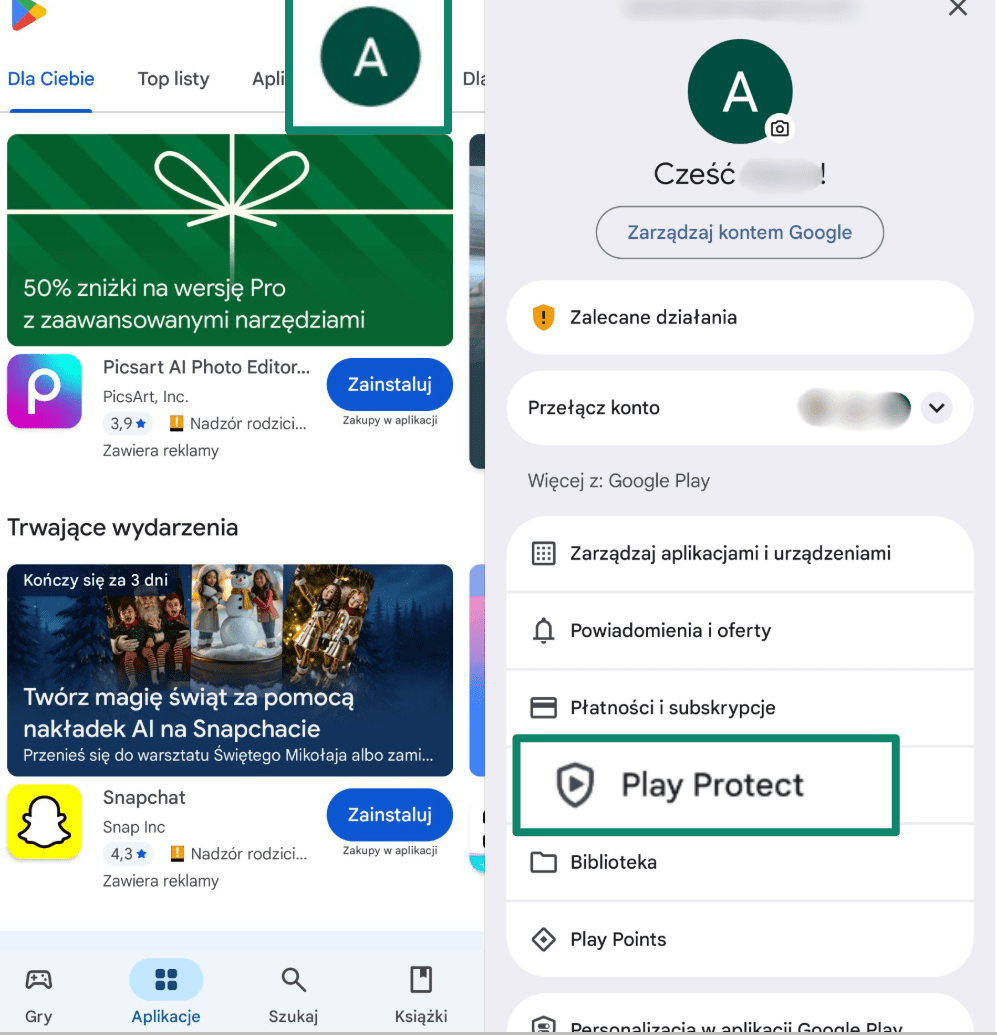 Opening Play Protect from Google Play Store profile menu.