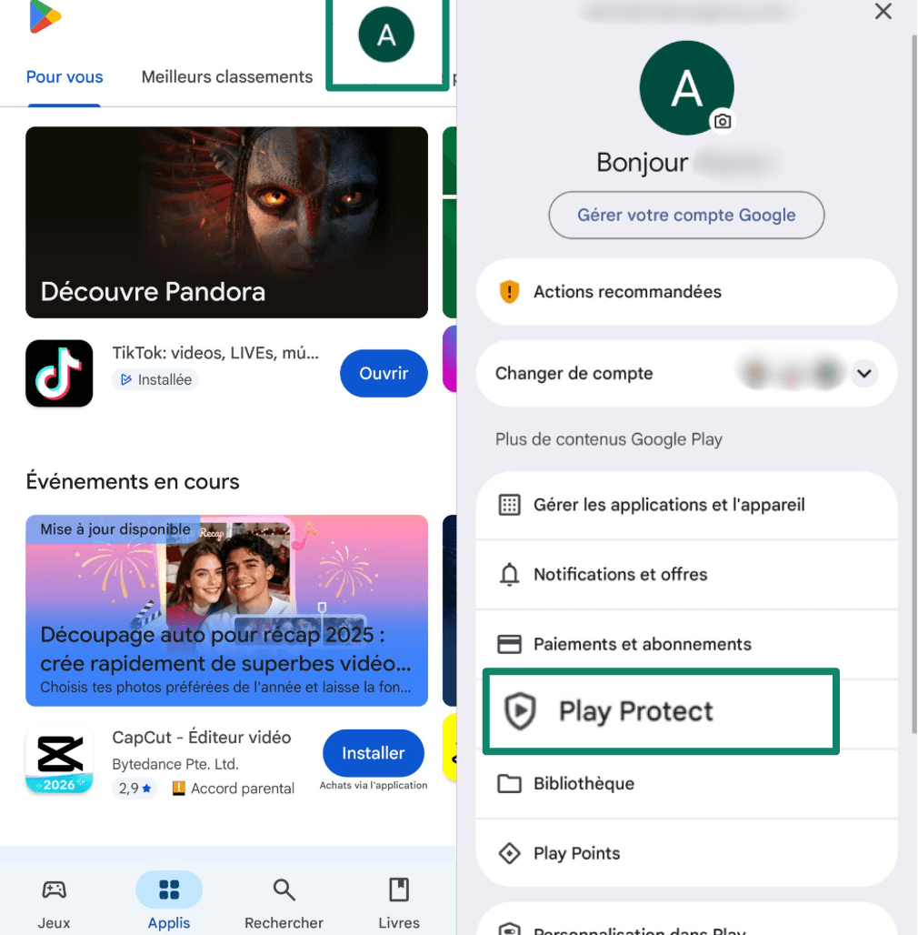 Opening Play Protect from Google Play Store profile menu.