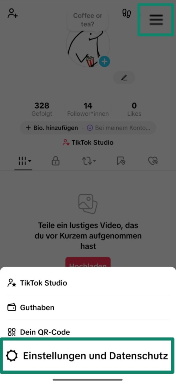 Screenshot showing how to access TikTok's Settings and privacy menu