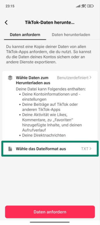 Screenshot showing how to cohose a file format for downloading TikTok data