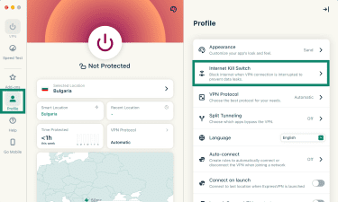 The ExpressVPN app on macOS, highlighting the "Profile" option, and the "Internet Kill Switch" feature.