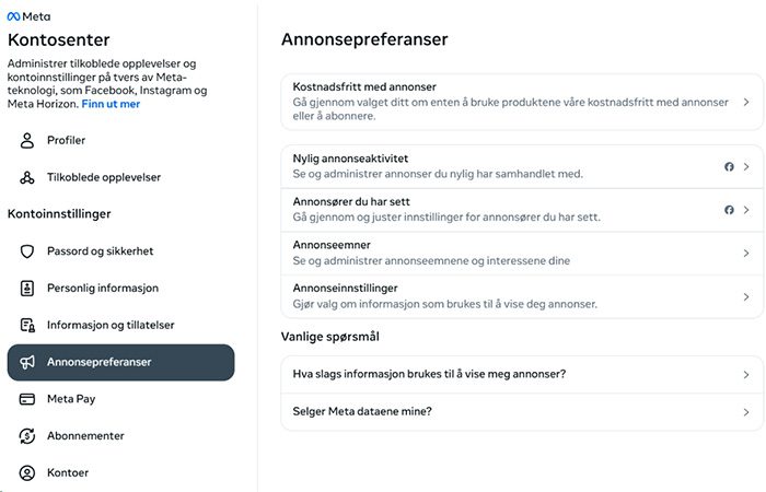 Facebook Ad preferences settings.