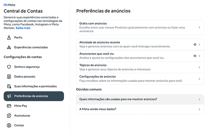 Facebook Ad preferences settings.