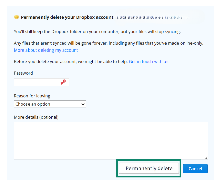Permanently deleting your Dropbox account, verification page.
