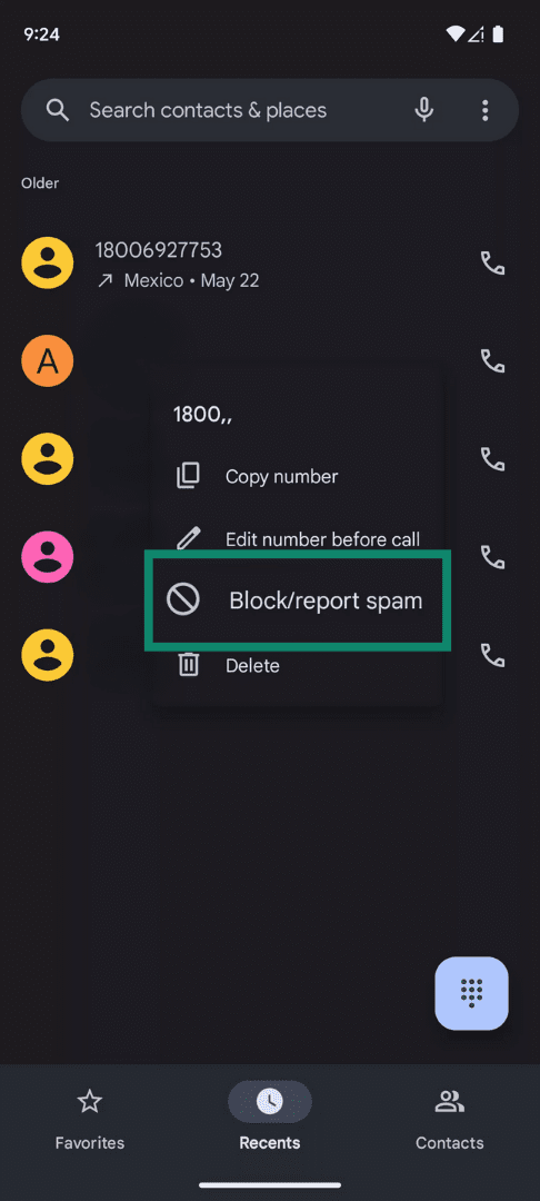 Android call log options with “Block/report spam” menu item highlighted.