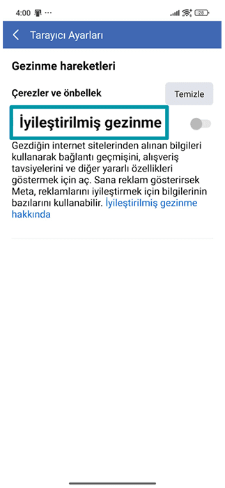 Facebook mobile app Browser settings with the Enhanced browsing toggle highlighted.