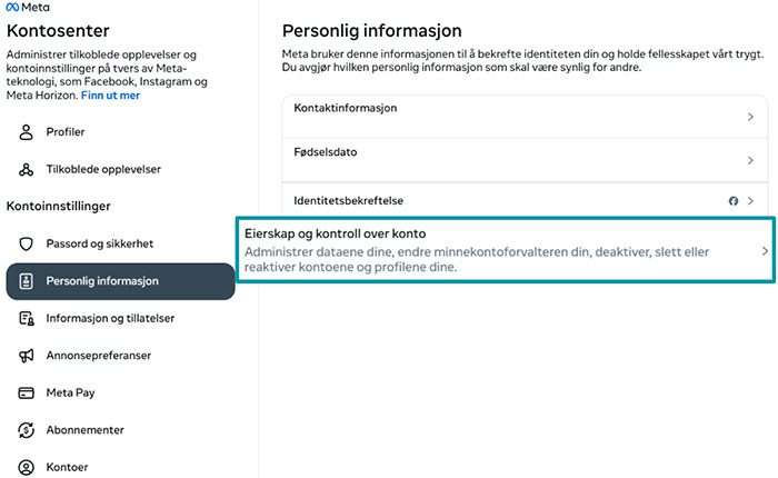 Facebook Accounts Centre Personal details tab with Account ownership and control highlighted.