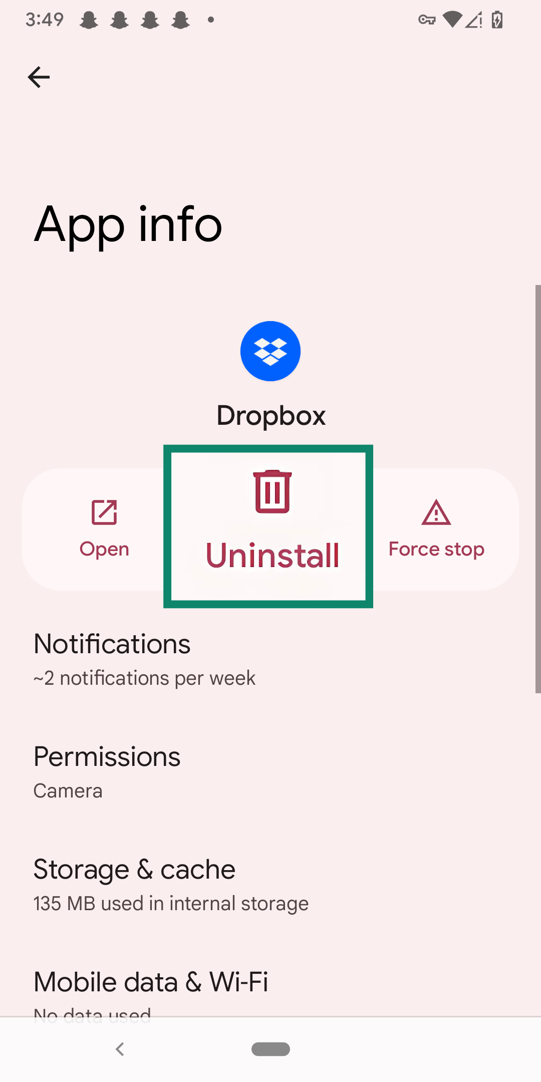 Uninstalling Dropbox on Android.