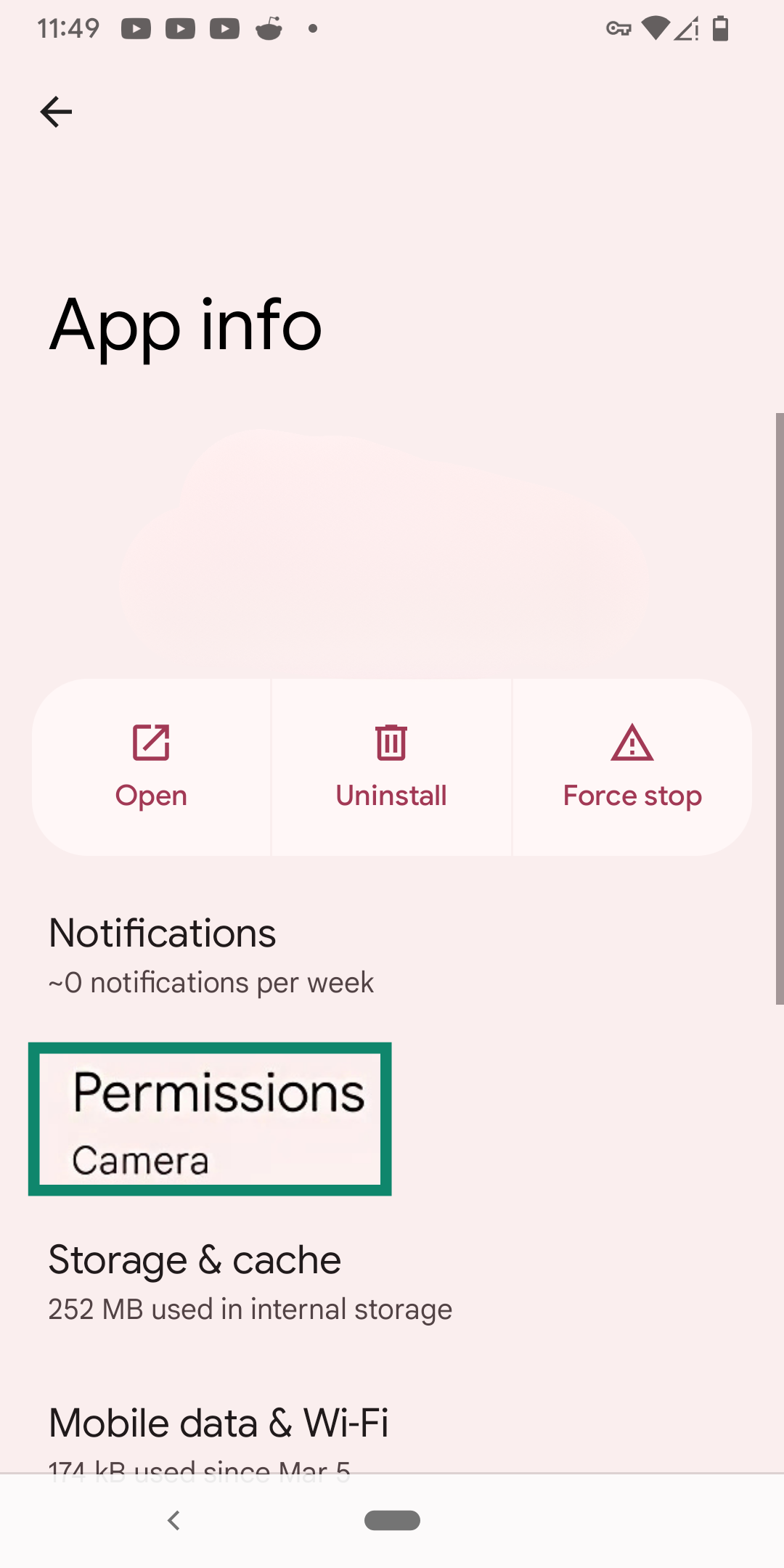 An Android open to a generic app, highlighting the Permissions option.