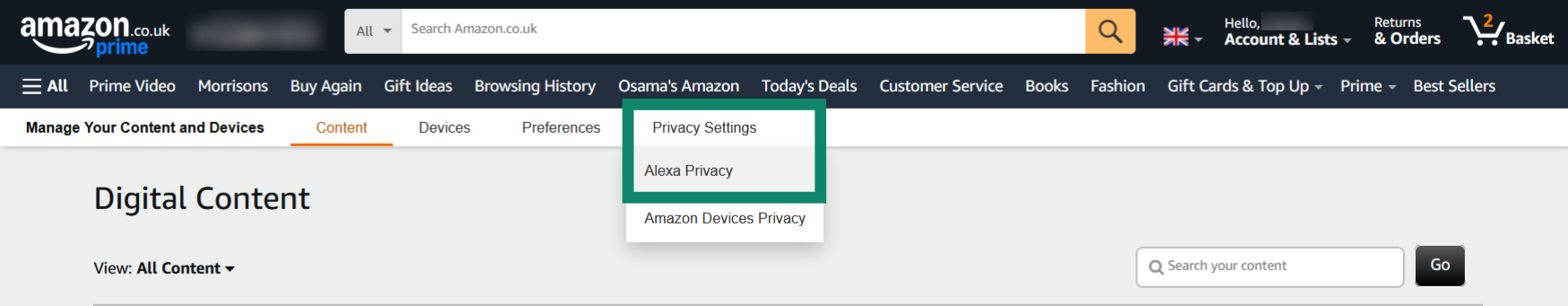 Opening Alexa Privacy settings in the Amazon website.