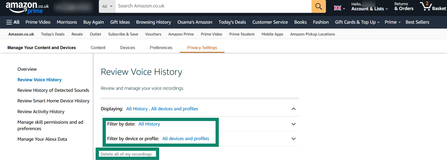 Selecting all voice recordings and deleting them through the Amazon website.