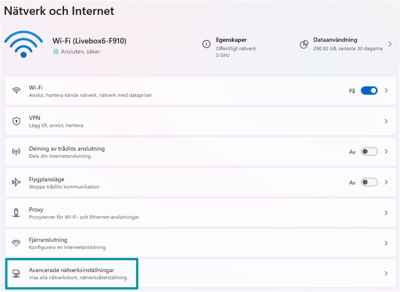 Accessing Advanced network settings on Windows.