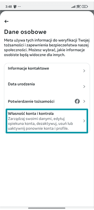 Facebook Android app Personal details settings with Account ownership and control highlighted.