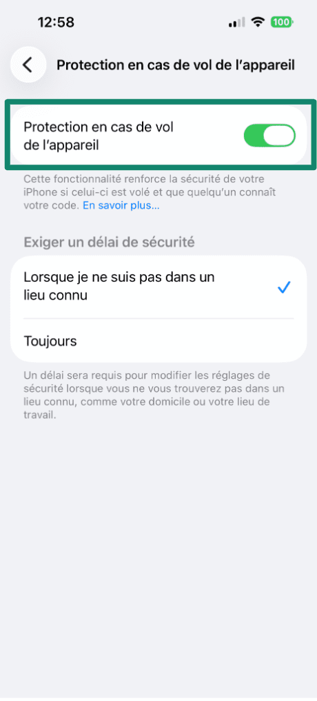 Screenshot of the iPhone Stolen Device Protection settings screen, with the “Stolen Device Protection” toggle highlighted in the on position.
