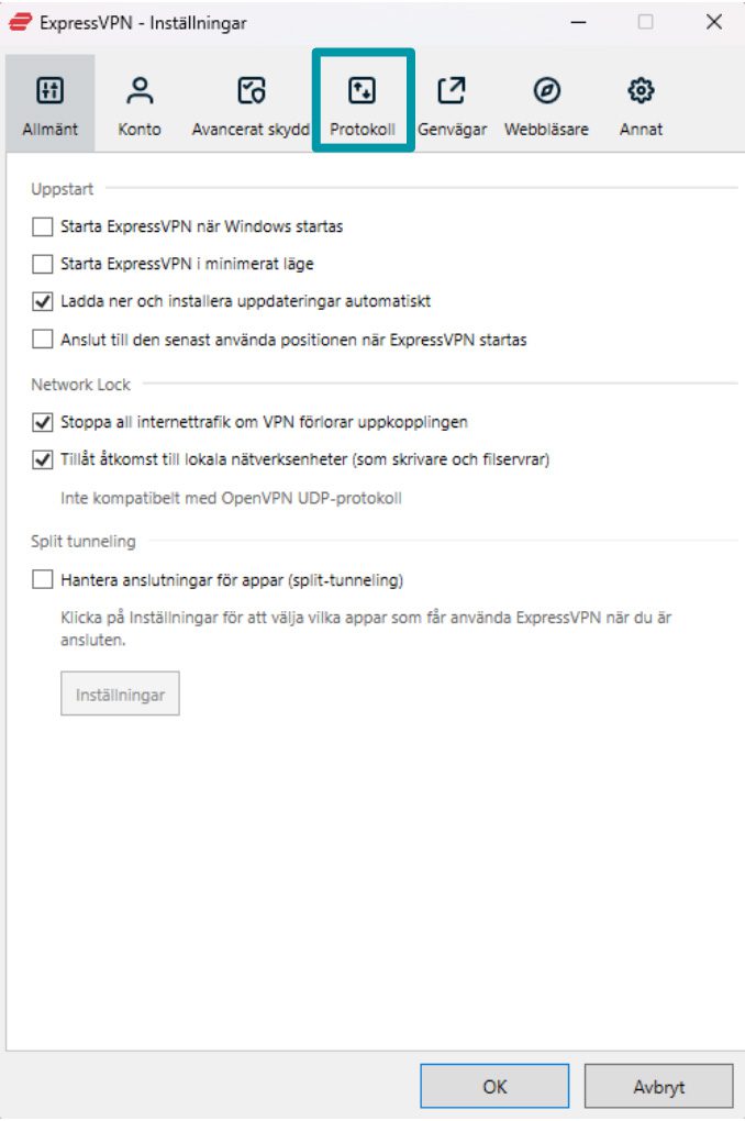 Accessing ExpressVPN protocol options on Windows.
