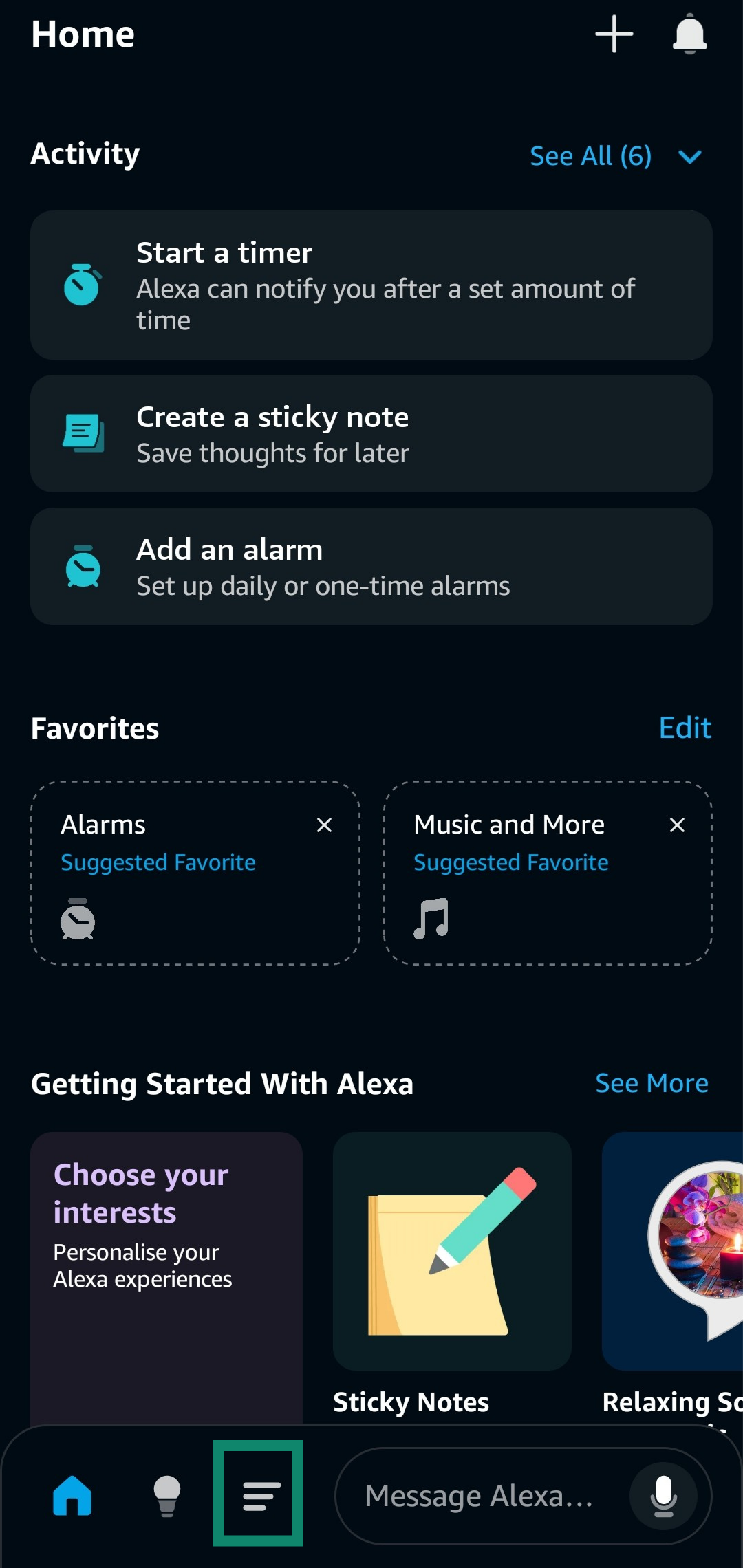 Accessing the More menu in the Amazon Alexa app.