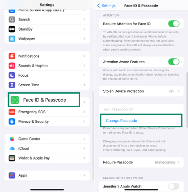 iPhone security settings with Face ID & Passcode menu and Change Passcode option.