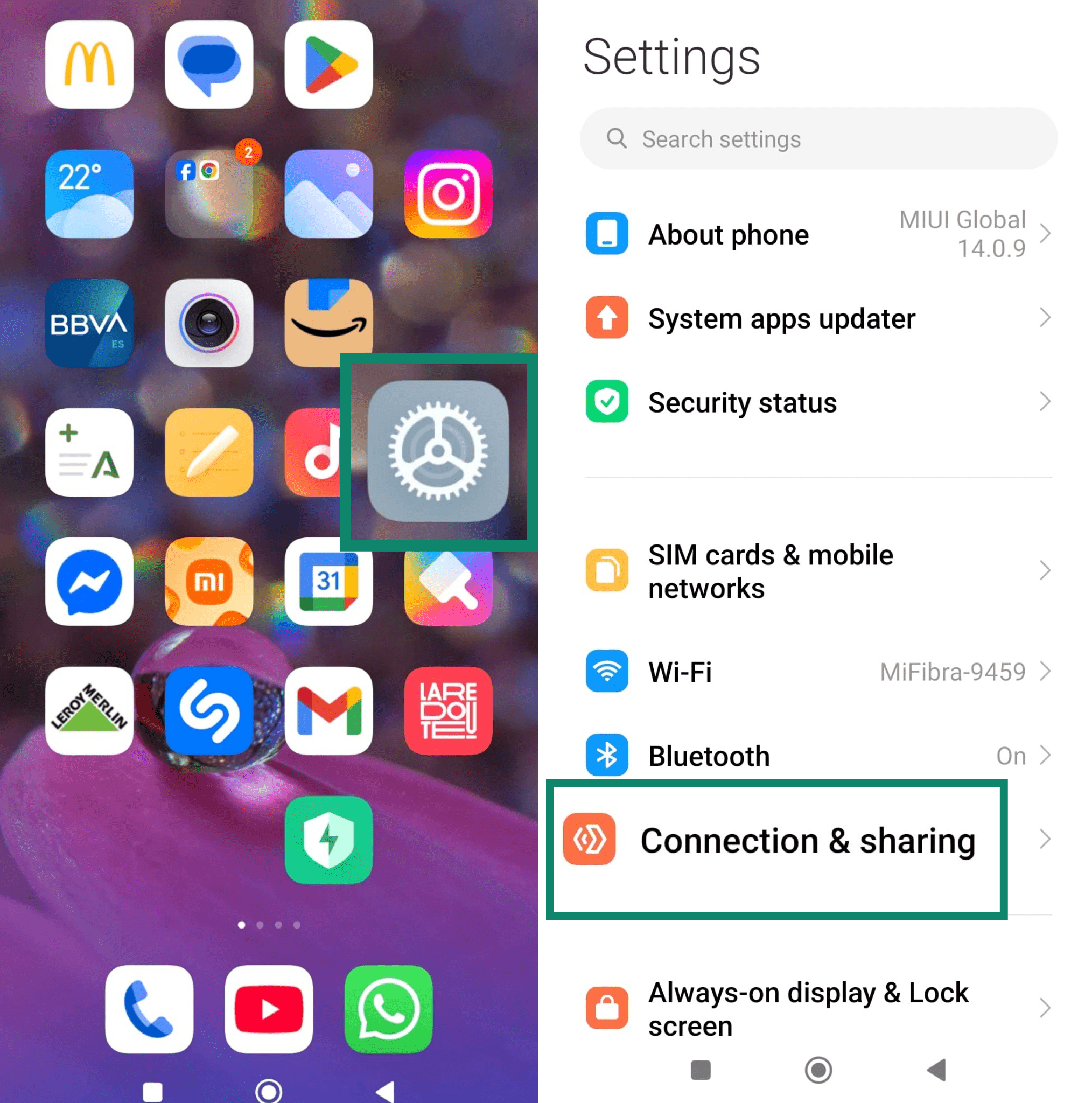 Android home screen highlighting Settings app and Connection and sharing option in the settings menu