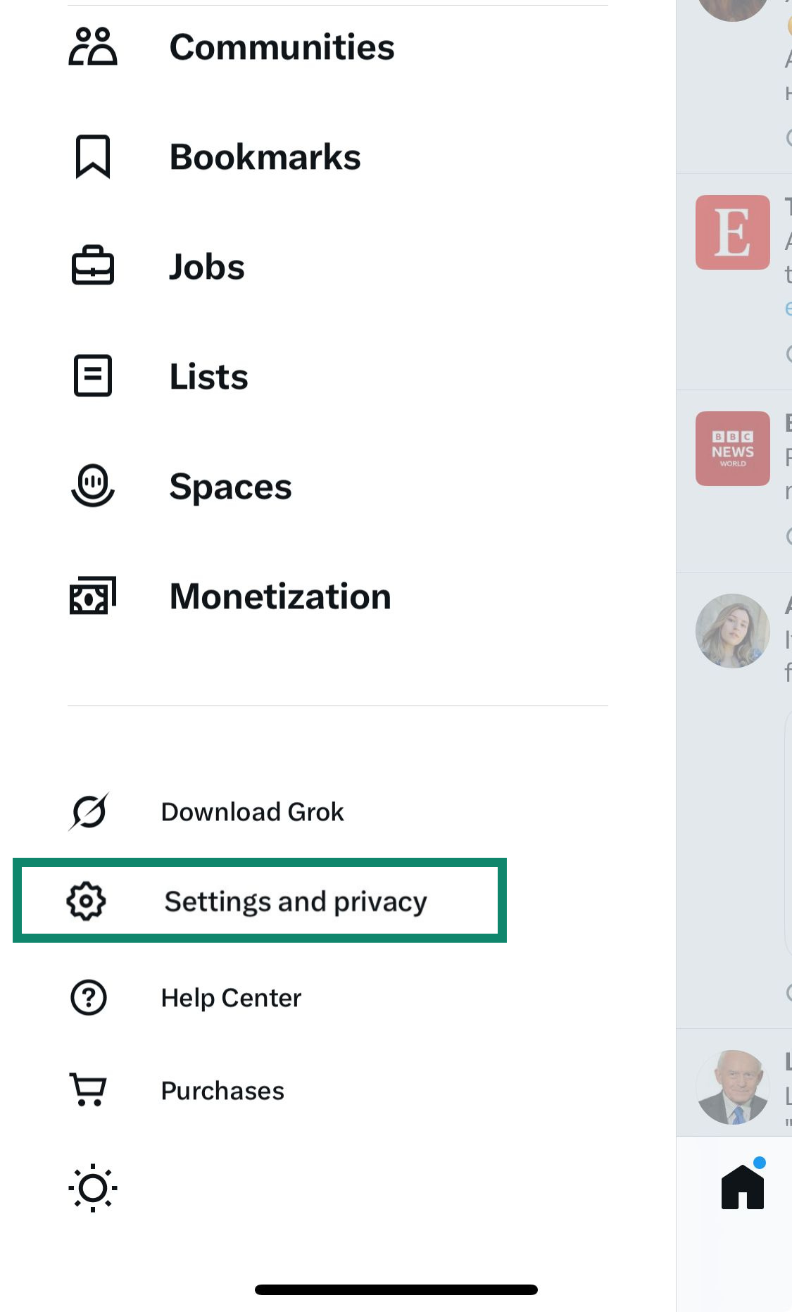Screenshot of the X app navigation menu on an iPhone, with the