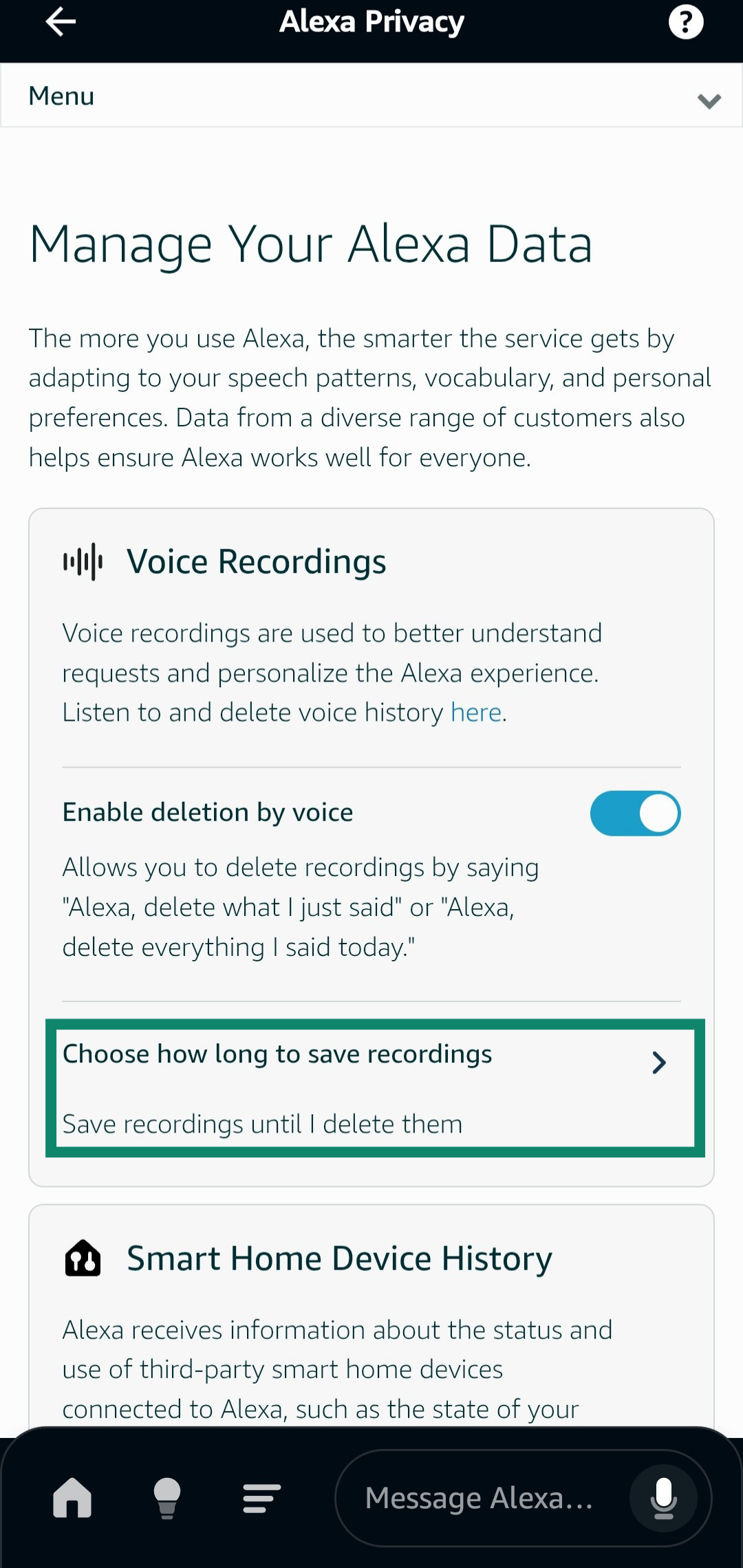 Accessing the Choose how long to save recordings menu in the Amazon Alexa app.