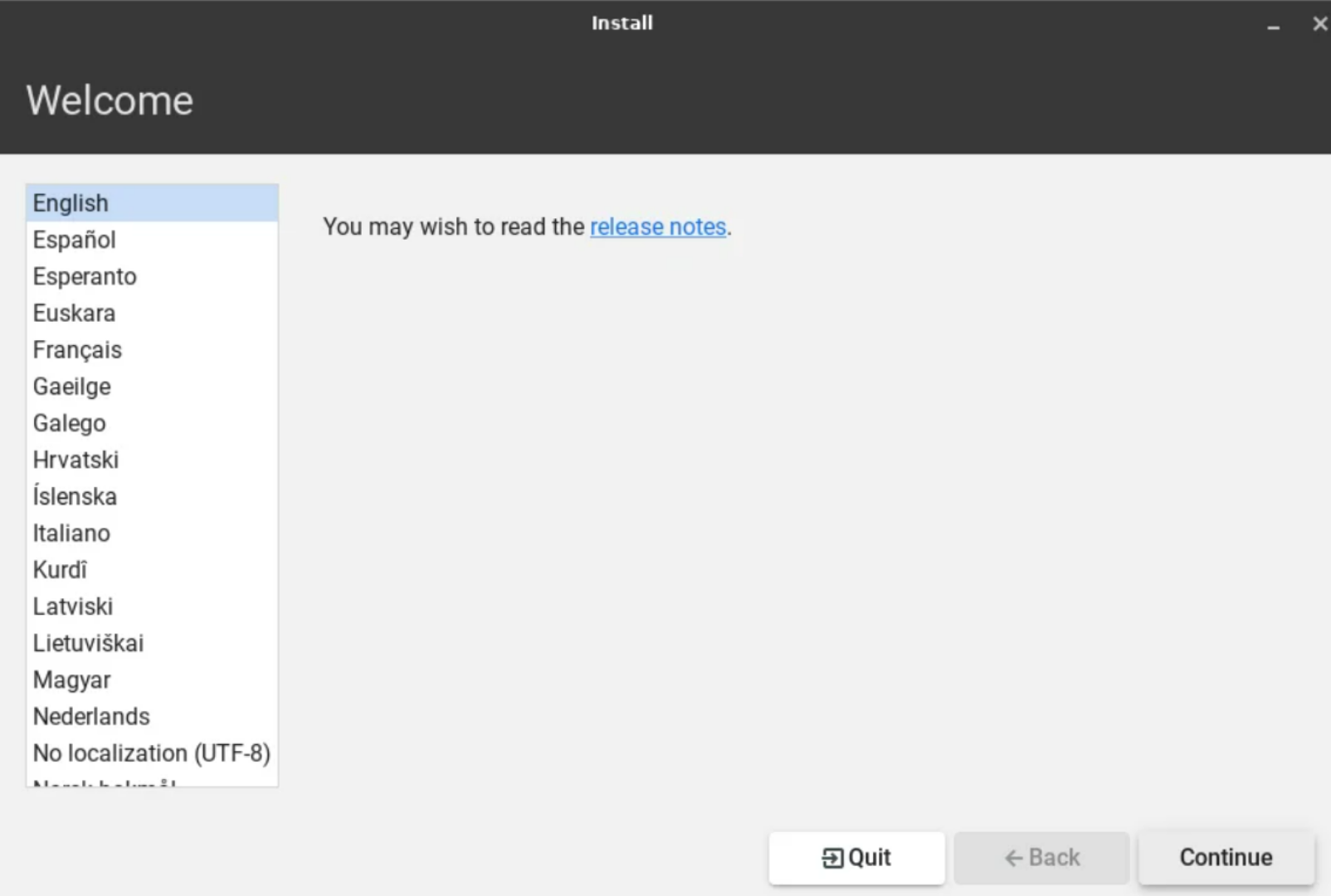 Linux Lite language selection.