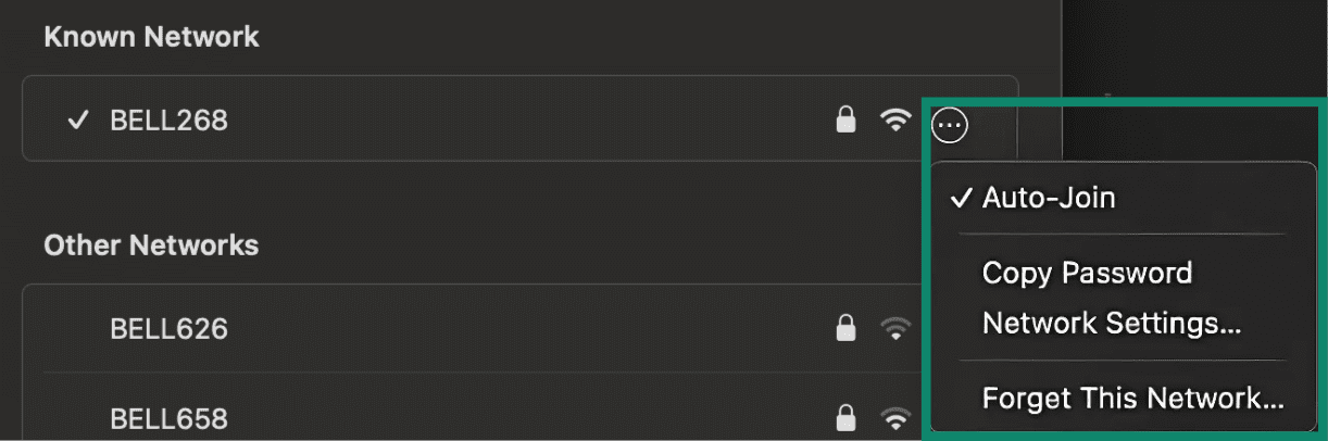 Mac Wi-Fi tab with the auto-connect settings for a Known Network highlighted.