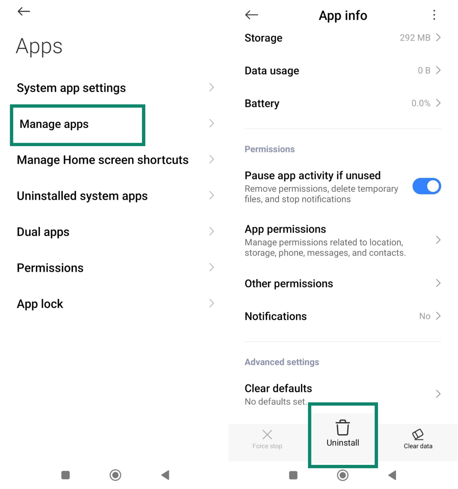 Two side-by-side screenshots of the Android settings. The left screenshot highlights the “Manage apps” option. The right screenshot shows a suspicious app selected and the “Uninstall” button highlighted.