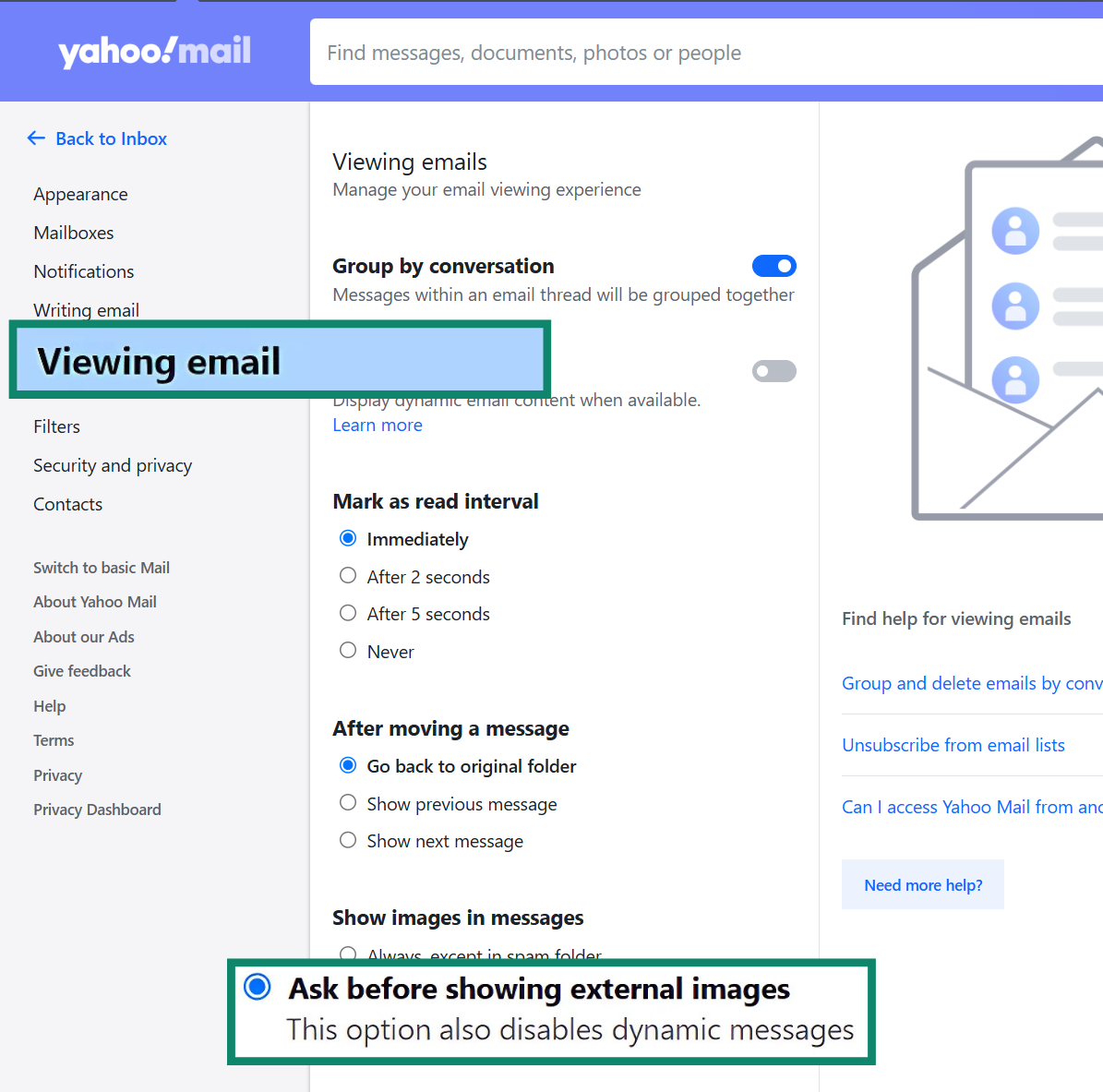 Yahoo Mail's additional settings page showing how to block the display of external images.