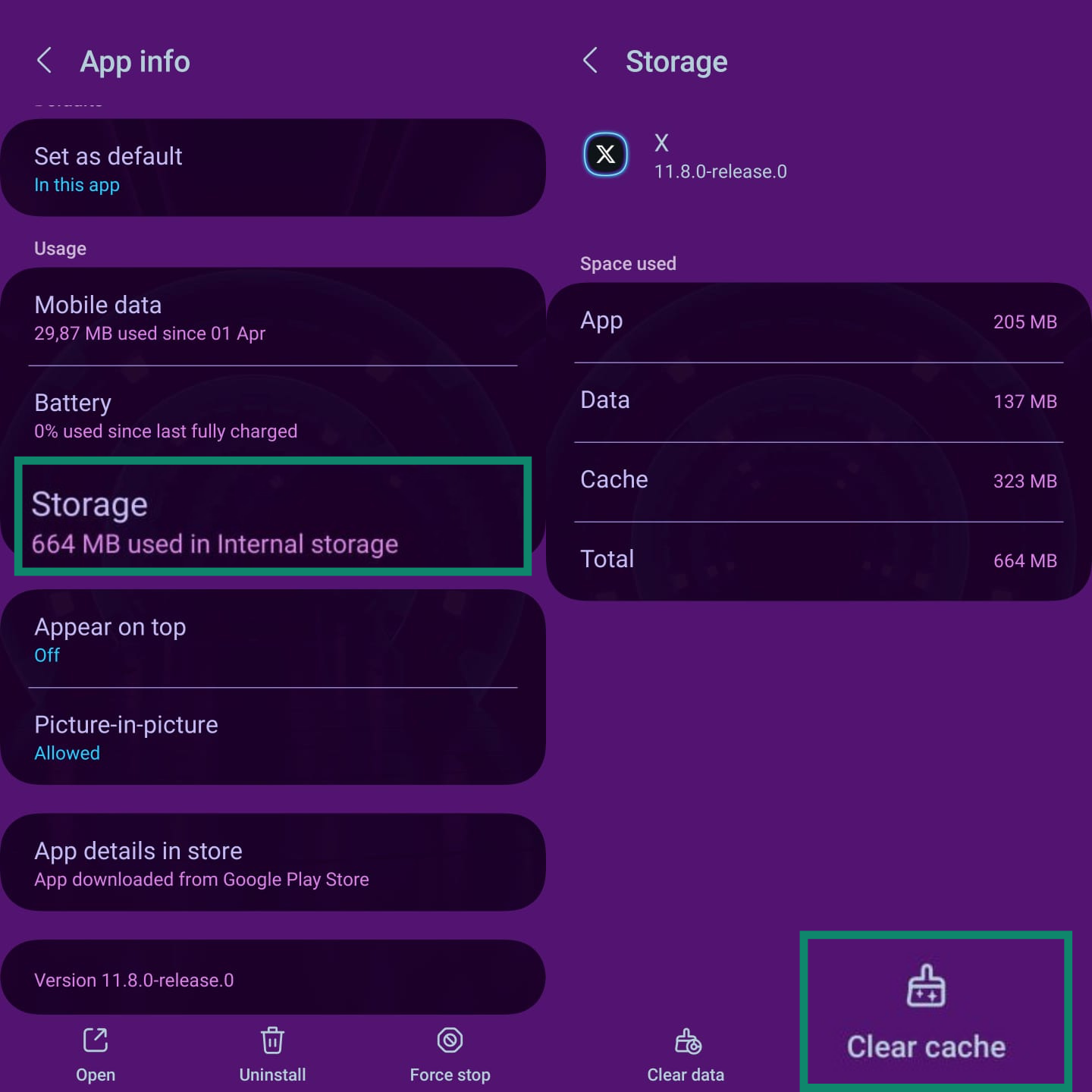 Two side-by-side screenshots showing how to clear the cache for the X app on Android. The first shows the