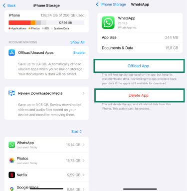 iPhone Storage settings showing WhatsApp with options to Offload or Delete App.