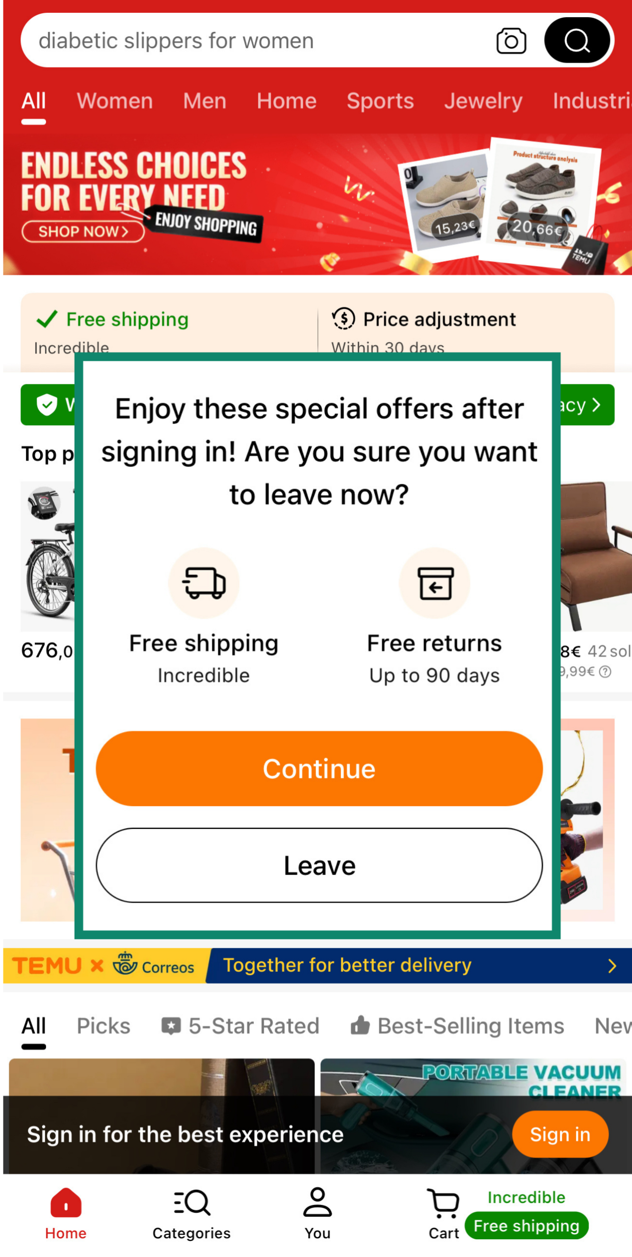 Temu app pop-up offering free shipping and returns to discourage users from leaving