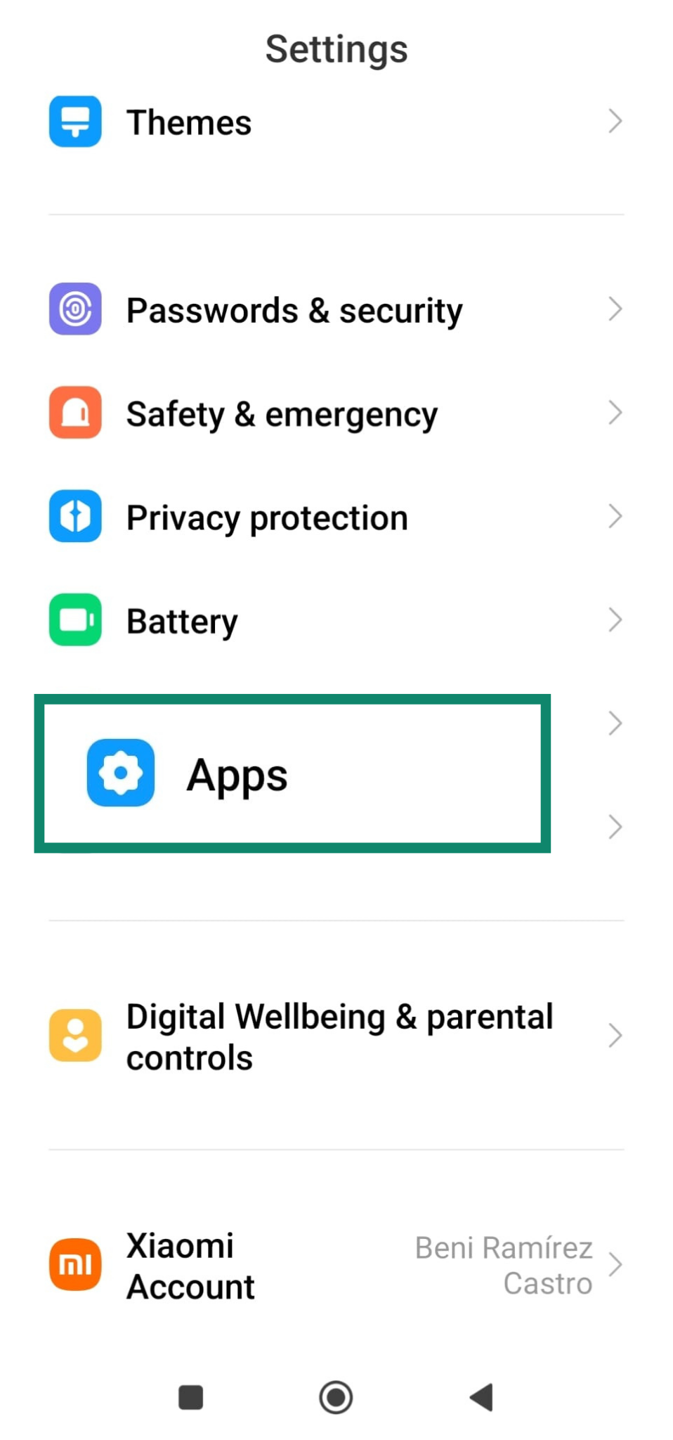 Android Settings screen with 'Apps' highlighted